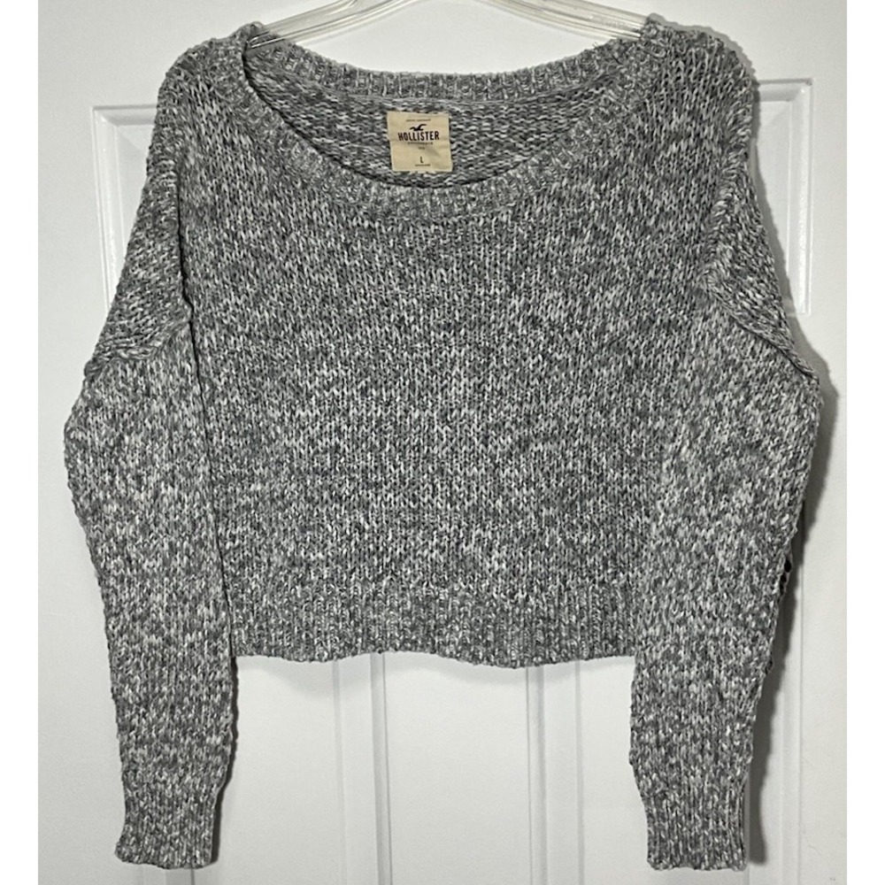 Hollister Gray/White Cropped Long Sleeve Cotton Sweater Women's Large
